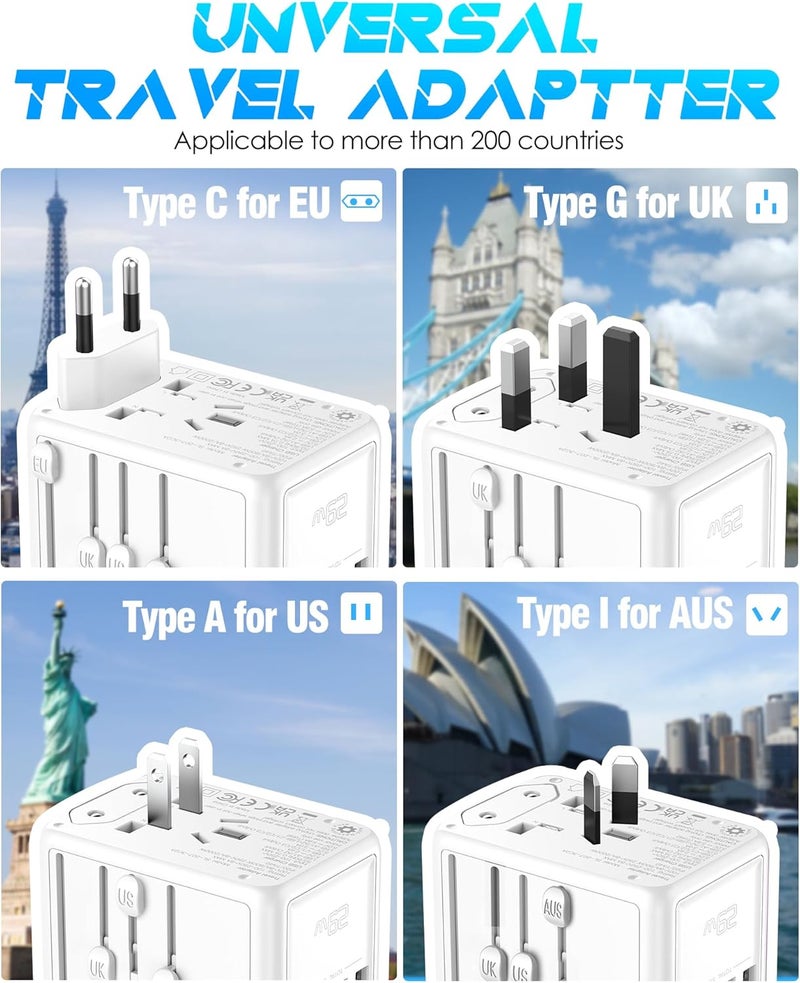 URJD Universal Travel Adapter, 6.0A 5 USB Ports (3 USB C) & 2500W AC Outlet, International Power Plug Adapter Worldwide Travel Wall Charger Multi Plug for Europe UK US AUS (Type C/G/A/I, White) - Image 4